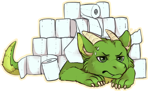 Floofy green dragon under a pile of toiled paper rolls